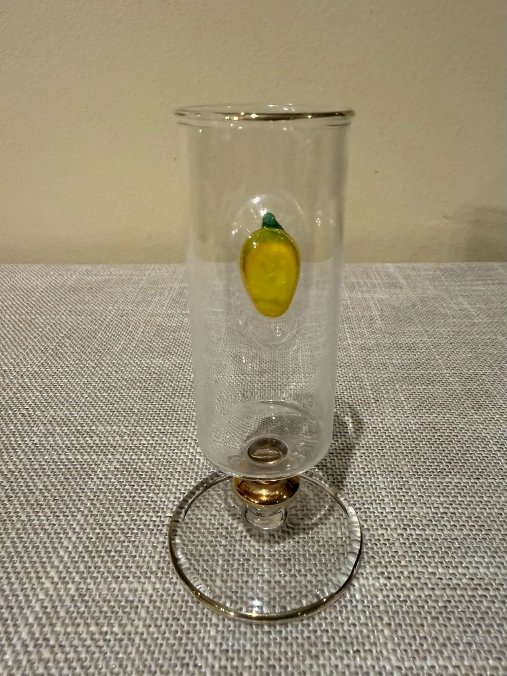 Vintage Art Glass Footed Cordial Glass Lemon Motif Gold Trim 4.5